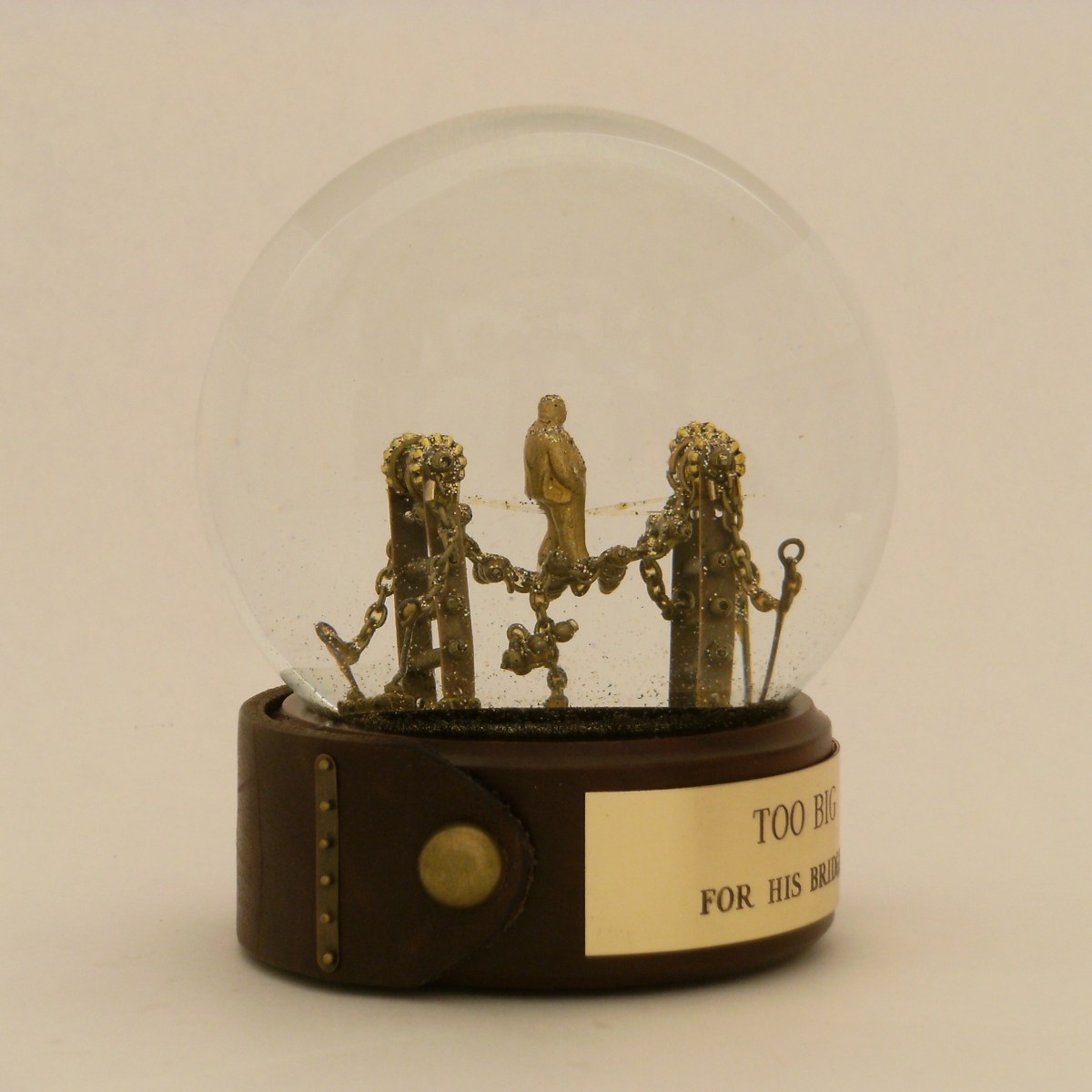 Too Big for His Bridges, one of a kind snow globe, Camryn Forrest Designs 2013