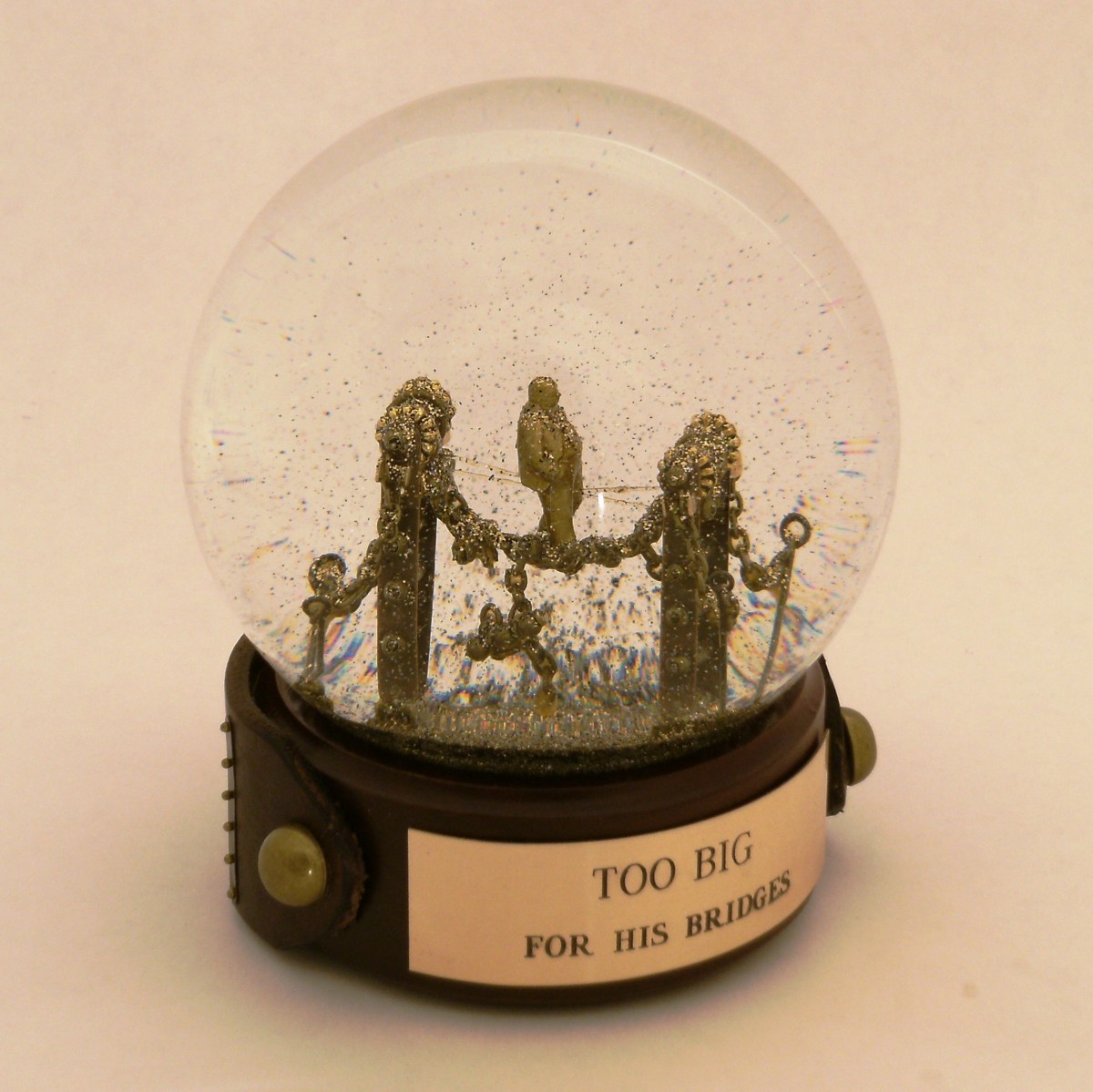 Too Big for His Bridges, one of a kind snow globe, Camryn Forrest Designs 2013
