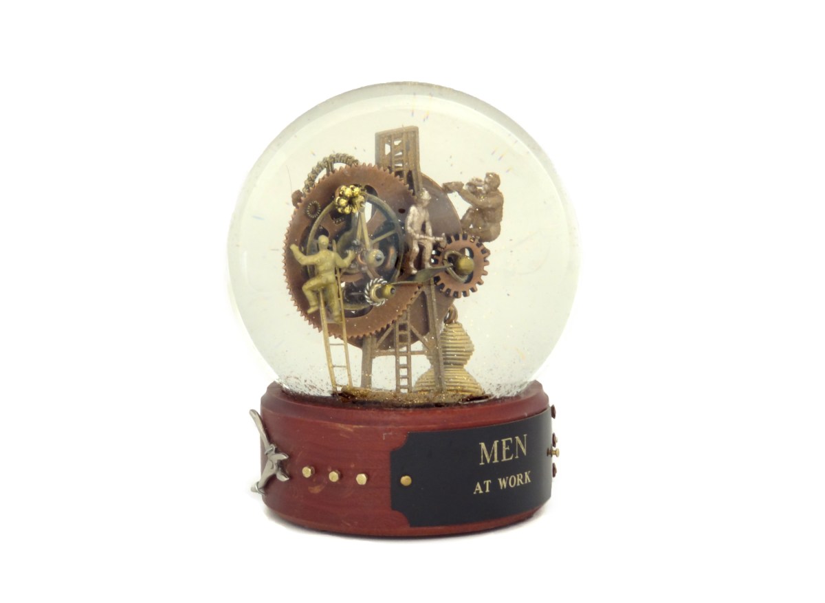 Men at Work custom snow globe by Camryn Forrest Designs, Denver, Colorado