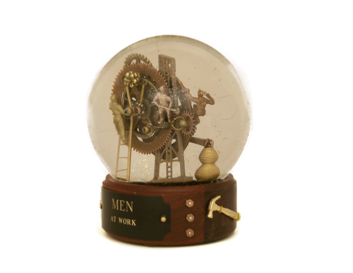 Men at Work custom snow globe by Camryn Forrest Designs, Denver, Colorado
