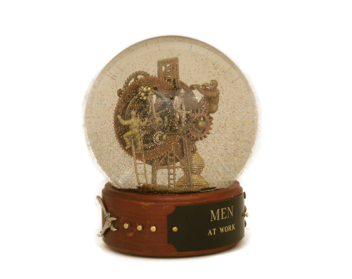 Men at Work custom snow globe by Camryn Forrest Designs, Denver, Colorado