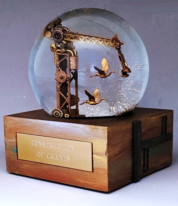 Construction of Cranes snow globe Camryn Forrest Designs, Denver CO USA